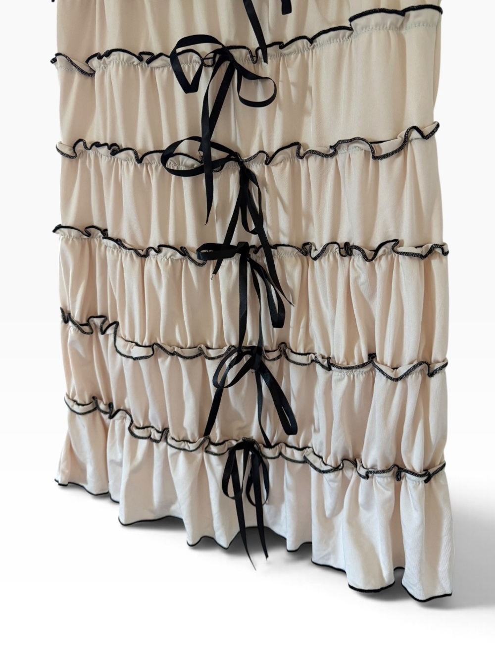 Women's Cream Tiered Mini Dress with Black Trim - Picture 7 of 9